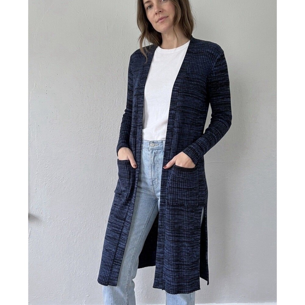 Faded Glory Women's Ribbed Duster Maxi Cardigan pocket Dark Blue Size L 12-14